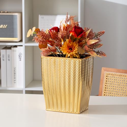 Gold Bathroom Accessories 4pcs Stylish Bathroom Accessories Set Gold Soap Dispenser Pump, Tumbler, Soap Dish and Trash Can Modern Decor Wavy Design Ceramic Bathroom Accessory Set