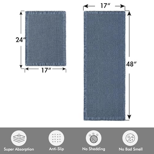 MIULEE Set of 2 Waffle Bathroom Rugs, Boho Bath Rugs Non Slip Washable, Super Absorbent Bath Mats, Ultra Soft Rubber Backed Shower Mats for Bathroom Floor, Tub and Shower, Blue, 17"x24"+17"x48" - color: Blue, size: 17''x24'' + 17''x48''