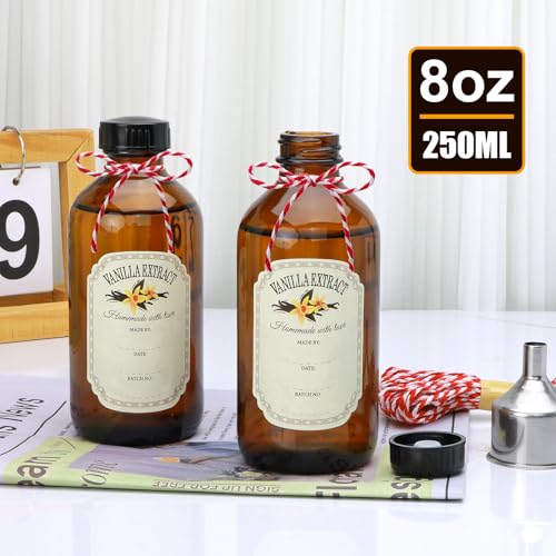 YINGERHUAN 8oz Glass Vanilla Extract Bottles,Round Amber Boston with Caps for Syrup,20 Pack Glass Sample Bottles with Stickers and Funnel for Essential Oils,Wedding,Christmas