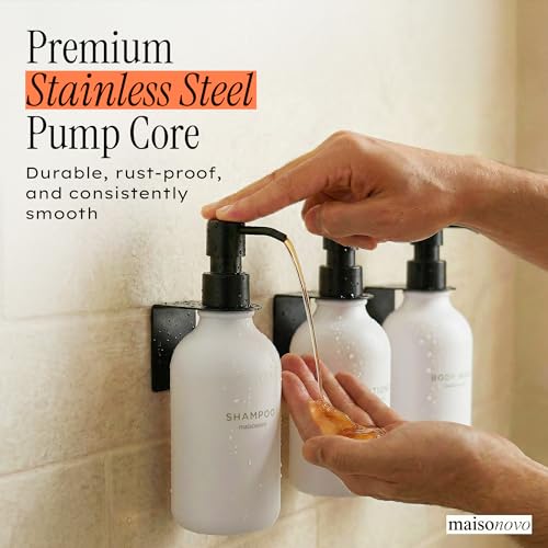 Shampoo and Conditioner Dispenser Wall Mounted Set of 3 White Black - No Drill Shower Soap Dispenser for Bathroom Refillable - Spa Hotel Style Accessories by MaisoNovo - color: White Black Set of 3