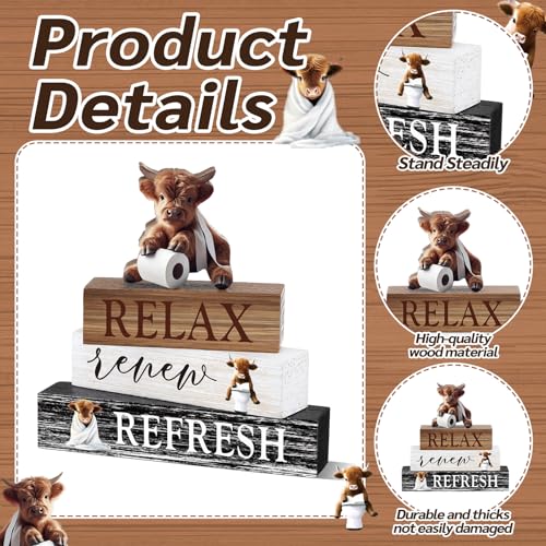 Cinnvoice 4 Pcs Highland Cow Bathroom Decor Farmhouse Bathroom Decoration Western Relax Renew Refresh Table Centerpiece Gift for Christmas Valentines Back to School - style: Relax Renew Refresh