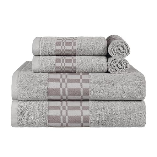 Superior 6-Piece Cotton Towel Set, Geometric Design, Dobby Border, Plush Quick Dry Towels, Decorative Bathroom, Spa, Includes 2 Bath, 2 Hand, 2 Face Towels/Washcloth, Larissa Collection, Chrome - color: Chrome, size: 6 Piece Towel Set