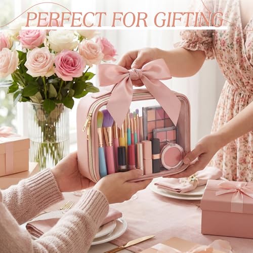 Abbylike 6 Pcs Clear Makeup Bags Bulk 7.9 x 5.9 x 2.4 Inches Quart Size Approved PU Leather Toiletry Bag with Handles Small PVC Clear Travel Cosmetic Case for Women Wedding Bridal Gifts(Pink) - color: Pink