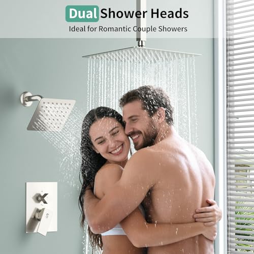 Shower Faucet Set Shower System - SR SUN RISE Brushed Nickel Shower Trim Kit with Dual Shower Head, 12'' Ceiling Rainfall 6'' Wall Mount with Handheld Shower for Couples, Complete 6 Diverter Valve - color: Nickel, size: 12 Inch