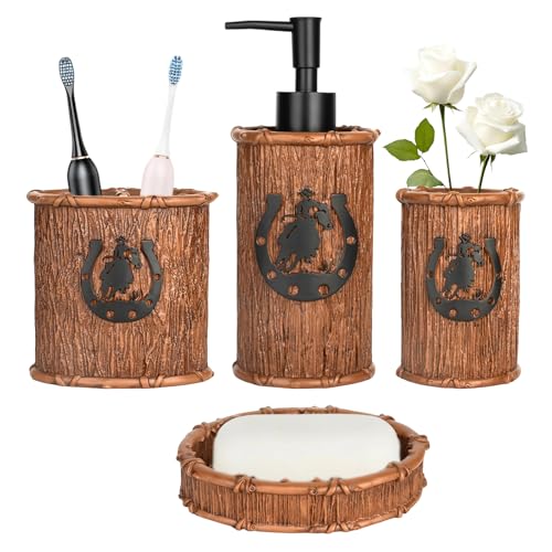Bathroom Accessory Sets 4PCS Bathroom Accessories Set Complete Western Rustic Horseshoes Decoration Includes Lotion Dispenser Toothbrush Holder Tumbler Cup & Soal Dish - color: Brown, size: Soap Dish