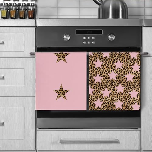 Preppy Pink Leopard Star Kitchen Towels Decorative, Trendy Y2K Girly Cheetah Print Hand Towels for Girls Dorm Bathroom Washroom Spa Yoga Room, 16x24 Inch Set of 2