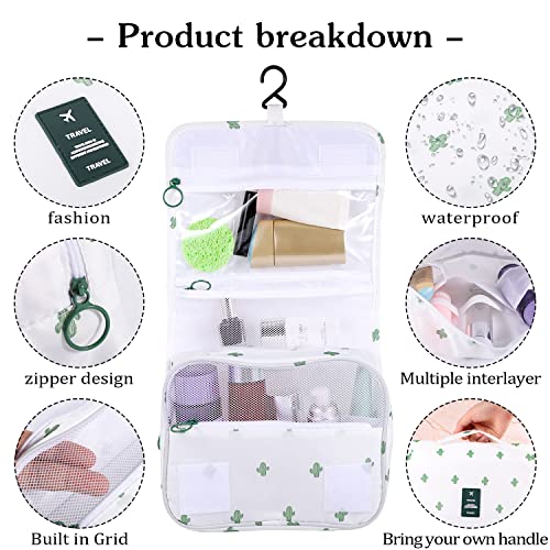 Pengxiaomei Hanging Toiletry Bag, Cactus White Waterproof Cosmetic Bag Portable Makeup Pouch Travel Wash Bag with Handle for School Party Bathroom Essentials - color: White Cactus