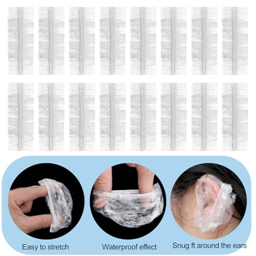 100 Pcs Disposable Ear Covers for Shower, Clear Waterproof Ear Covers for Bathing, Waterproof Plastic Ears Shower Caps for Hair Dye Spa Salon Beauty Treatments
