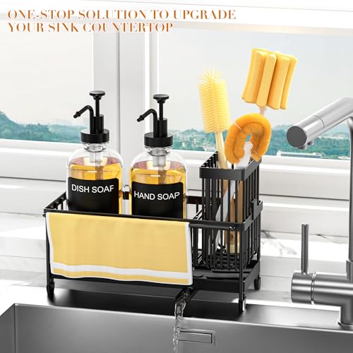 Kitchen Soap Dispenser Set with Sponge Holder and Towel Rack, 17OZ Glass Bottle, Hand and Dish Soap Dispenser Set, Non-Slip Silicone Pad, Brush Holder, Sink Organizer Countertop (Transparent) - color: Transparent