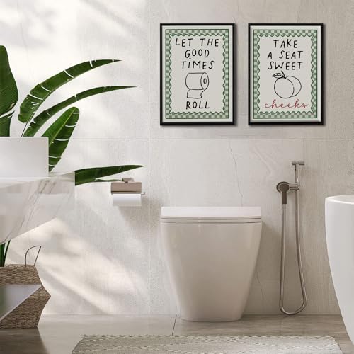 HDXUFJQ Black Frame Funny Bathroom Wall Art Retro Green Minimalist Bathroom Wall Decor Trendy Preppy Dorm Toilet Sign Prints Humor Canvas Picture for Restroom(8"x10") - color: Framed Two Bathroom Signs, size: 10"L x 8"W