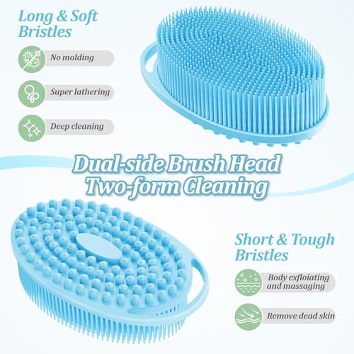 Silicone Back/Body/Face Scrubber & Soft Bath Glove Set 4PCS, Gentle Exfoliating Back & Body Scrubber with Dual-Side Brush Head, Hand-fit Bath Glove & Face Scrubber for Deep Cleaning(Blue-4PC) - color: Blue*4