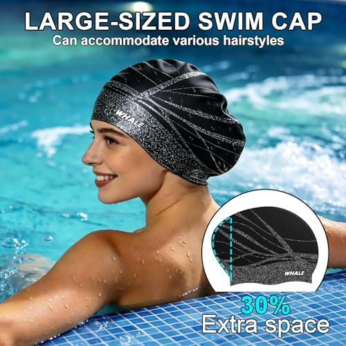 WHALE Extra Large Swim Cap Designed for Men and Women with Thick, Long Hair, Hair Extensions Or Afro-Textured Hair Long-Hair Swim Cap Highly Waterproof to Keep Hair Dry - color: Black