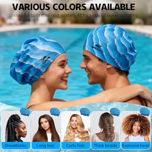 WHALE Extra Large Swim Cap Designed for Men and Women with Thick, Long Hair, Hair Extensions Or Afro-Textured Hair Long-Hair Swim Cap Highly Waterproof to Keep Hair Dry - color: Wave-patterned