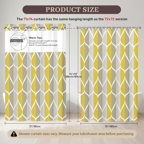 Yiatn Gray Yellow No Hook Shower Curtain with Liner Attached - Hotel Style with See Through Mesh Top Window, Modern Geometric Waterdrop Design,Waterproof and Washable, 71x74 INCH - color: Gray Yellow, size: 71"W x 74"L (Pack of 1)
