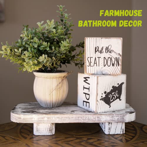 Liswit Farmhouse Funny Bathroom Decor Signs, 3 Wooden Blocks with Plant & Tray, Rustic Decoration for Bathroom Countertop