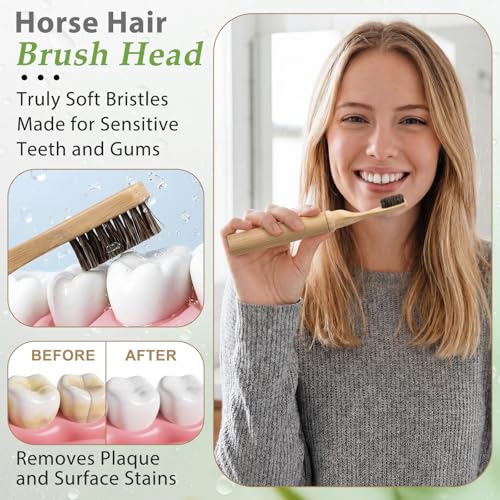 3 Pcs Foldable Horse Bristle Travel Toothbrushes Bamboo Toothbrush Case Holder Kit Soft Bristle Travel Toothbrushes with Reusable Compact Case for Traveling Camping Daily Use