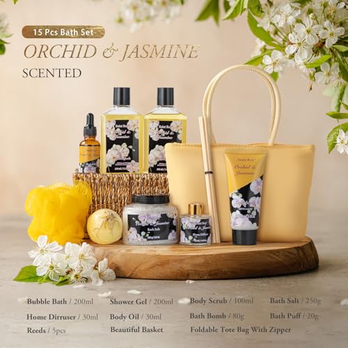 Spa Kit Gifts for Women Gift Basket, 15Pcs Bath and Body Spa Gift Basket | Home Spa Self Care with Purse Handbag, Relaxing Pampering Care Kit Orchid Jasmine Gifts for Birthday, Mom, Anniversary