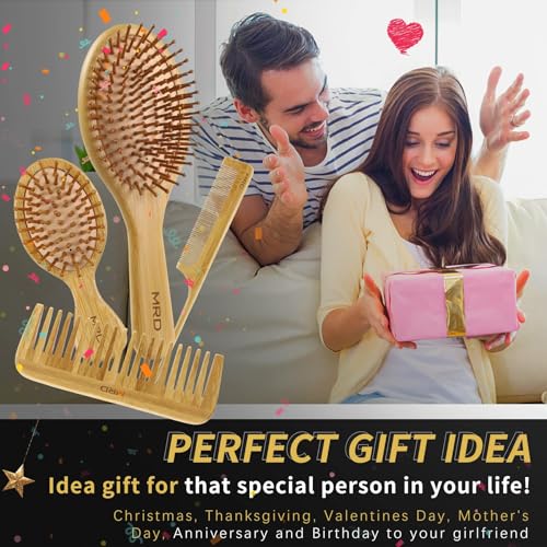 MRD Hair Brush Set, Natural Bamboo Comb Paddle Detangling Hairbrush, Wide-tooth and tail comb No Bristle, suit for Women Men and Kids Thick/Thin/Curly/Dry Hair Gift kit