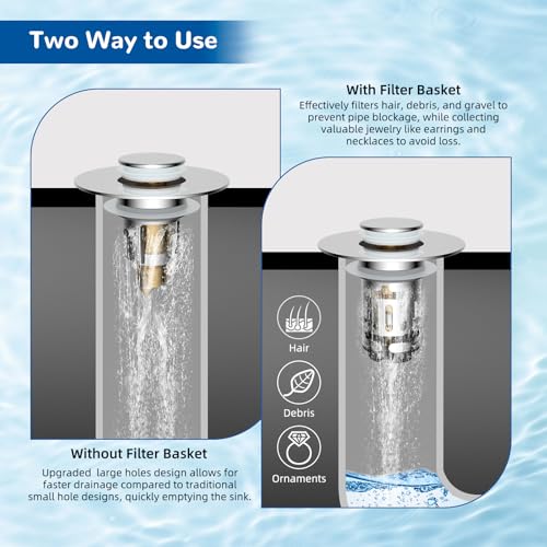 Hibbent Upgraded 3 in 1 Bathroom Sink Drain Strainer, Universal Pop Up Stopper with Removable Stainless Steel Filter Basket Hair Catcher, Sink Plug for 1.1''~2.36'' Basin, Brass Bullet Core, Chrome - color: Chrome