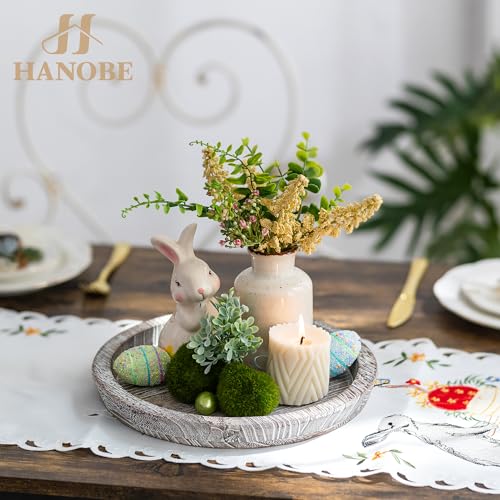 Hanobe Decorative Tray for Coffee Table: Round Candle Plate Holder Centerpieces for Dining Room Kitchen - Wooden Farmhouse Tray Vintage Home Decor - color: White Washed