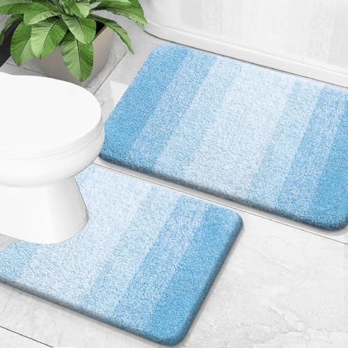OLANLY Bathroom Rug Set 2 Piece, Soft Absorbent Microfiber Bath Mats and U-Shaped Contour Toilet Rug, Non-Slip, Machine Wash Dry, Plush Shaggy Bath Mats for Bathroom (24"x16"+24"x20", Sky Blue) - color: Sky Blue, size: 24" X 16" + U24" X 20"