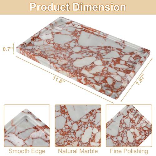 100% Natural Marble Vanity Tray - Real Stone Storage Organizer for Bathroom/Kitchen/Vanity/Dresser, Countertop Tray for Perfume, Jewelry, Home Decor, 11.8 x 7.8 x 0.7 Inch - color: Calacatta Red