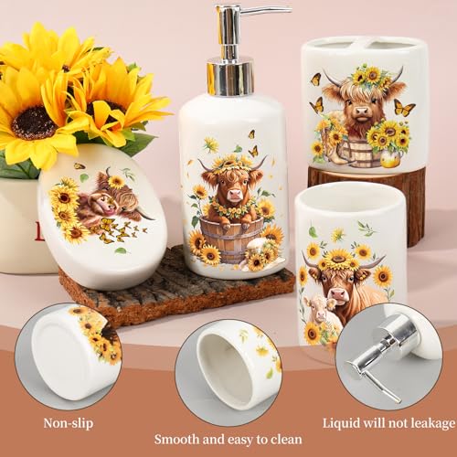 JarThenaAMCS 4Pcs Highland Cow Sunflower Bathroom Accessories Ceramic Liquid Dispenser Toothbrush Holder Tumbler Soap Dish for Summer Home Party Favors Supplies