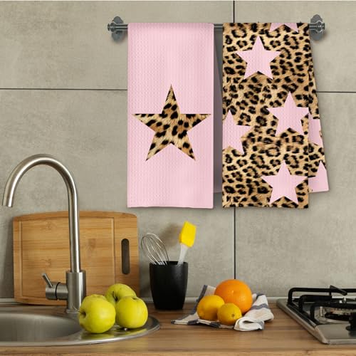 Preppy Pink Leopard Star Kitchen Towels Decorative, Trendy Y2K Girly Cheetah Print Hand Towels for Girls Dorm Bathroom Washroom Spa Yoga Room, 16x24 Inch Set of 2