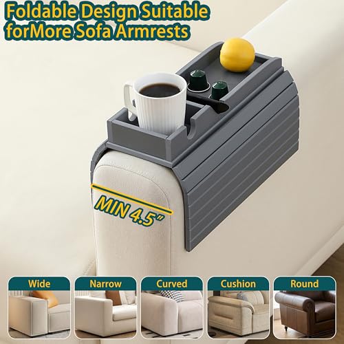 Bamboo Couch Cup Holder Arm Tray，Foldable Couch Drink Holder Armrest Table，Sofa Arm Rest Tray，Flexible Arm Chair Table Recliners for Drink,Cups, Snacks, Phone, Remote (Grey) - color: Grey