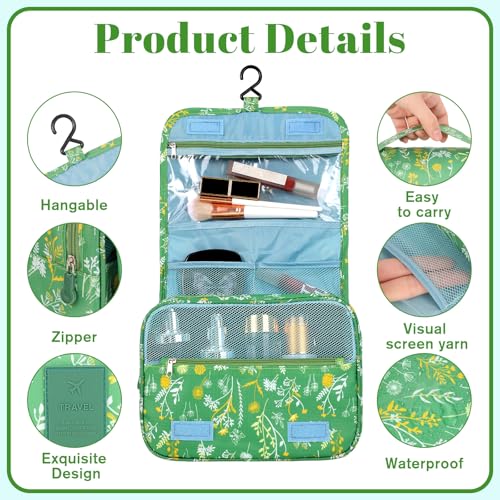 Pengxiaomei Hanging Toiletry Bag, Green Floral Waterproof Cosmetic Bag Portable Makeup Pouch Wash Bag with Handle for Woman Teen Girls Tea Party Summer Camp - color: Green