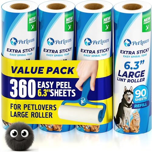 PetLovers 6.3" Extra Sticky Lint Roller 4 Pack of Large Refills Only - No Handle Included - 90 Sheets Per Refill 360 Sheets Total 4 Pack - size: 4 Pack Large Lint Roller Refills