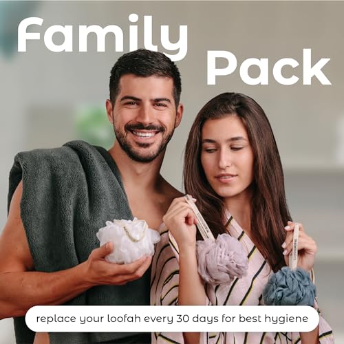 MainBasics Shower Loofah Sponge Pouf, Set of 3, Airy Blossom | Soft Mesh Body Scrubber and Bath Sponge for Gentle Exfoliation, Rich Lather, and Everyday Shower Use - style: Airy Blossom