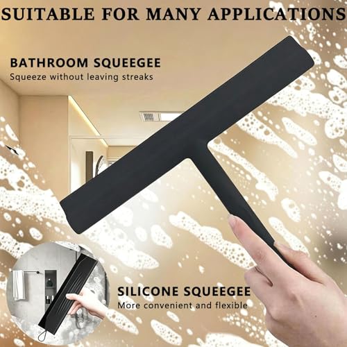 Shower Squeegee for Glass Doors, Bathroom Squeegee Set of 2 (Size 8.3"+9") | Hang Anywhere Silicone Shower Squeegee with Hook Design for Glass, Tile Wall, Mirror, Window, Streak-Free Cleaner Tool,Black