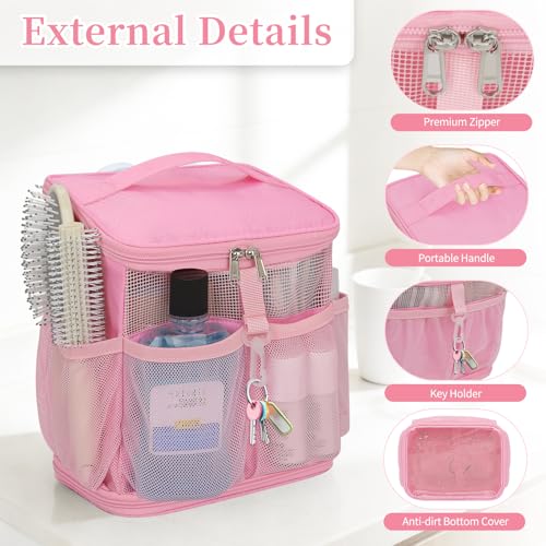 CUBETASTIC Shower Caddy Portable Mesh Shower Tote for Bathroom, Gym, Travel, Camping - Quick Dry Hanging Organizer Toiletry Bag with Handle for College Dorm Room, Men & Women - color: A# Pink, size: Standard