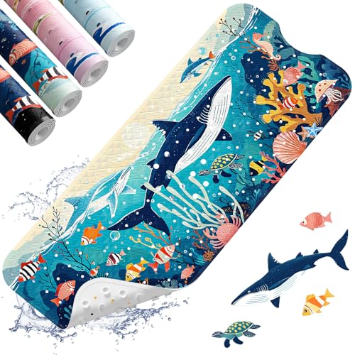 XIYUNTE Baby Bath Mat for Tub Non Slip Kids Bath Mat - 40"x16" Extra Long Bathtub Mat Non Slip Kids, Eco-Friendly Toddler Bath Mats with Suction Cups for Secure Grip, Easy to Clean & Easy Drying - color: Whale-light