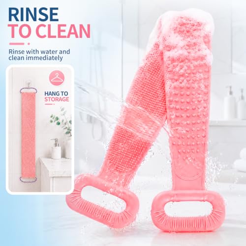 Manmihealth Silicone Back Scrubber for Shower & African Net Sponge Net Set, 36'' Dual-Sided Back Washer & African Long Bath Sponge, Extendable Long Silicone Body Brush (Pink+Pink) - color: Pink+pink