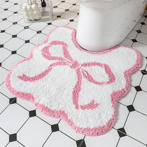 HunnmingRe Pink Bow Bathroom Rug Bow Toilet Rugs 20 x 20 Inches U Shaped Luxury Scalloped Bathroom Decor Non Slip Cute Microfiber Soft Plush Bath Mat Coquette Stuff for Toilet Back to School Shower - color: Pink, size: 20 x 20 Inches