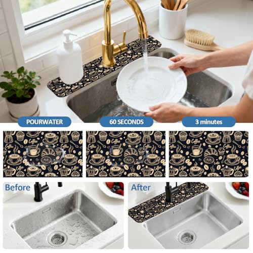 2 Pcs Kitchen Sink Splash Guard Faucet Mat Coffee Element Pattern Faucet Mat for Sinks Coffee Text Absorbing Drying Mats for Kitchen Bathroom, 23.6x5.5inch - color: Coffee Element Pattern