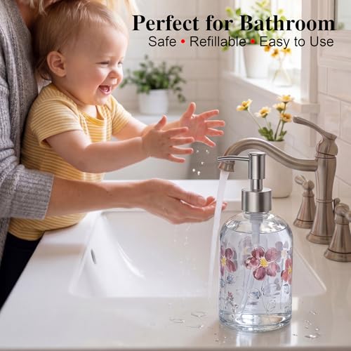 Topadorn Hand and Dish Soap Dispenser Set, 2 Pack 17oz Glass Soap Dispensers with Pump, Refillable Kitchen Soap Bottles, Coordinated Floral Bathroom Counter Decor - color: Purple&yellow