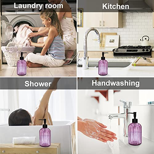 Pack of 2 Glass Soap Dispenser with Black Pump, 400 ml Refillable Pump Dispenser for Kitchen, Bathroom, Laundry Room, Liquid Glass Bottle for Washing Up Liquid, Shampoo, Conditioner (Purple) - color: Purple