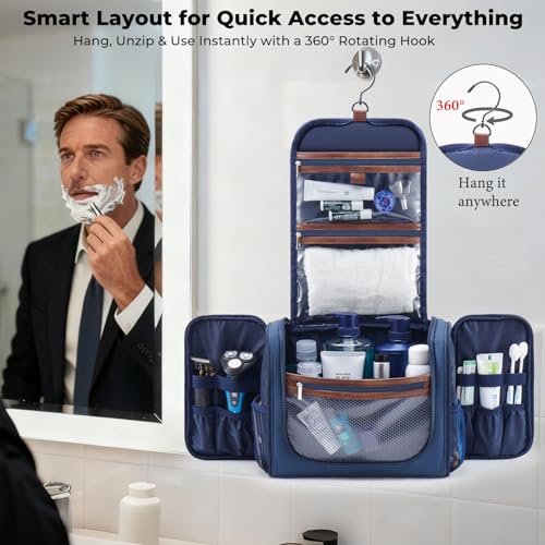 Ralnitote Large Hanging Toiletry Bag for Men, Travel Bathroom Bag with Hook, Hygiene Bag Organizer for Shower, Shaving & Grooming Essentials, Navy - color: Navy