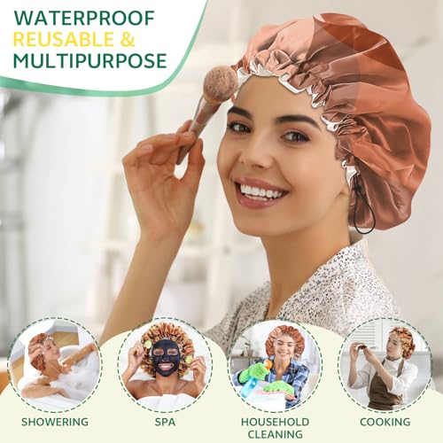 2 PCS Shower Cap Waterproof Double Layer Elastic Adjustable Reusable Hair Bath Caps for Girls Women Cute Aesthetic-Red - color: G13-Red