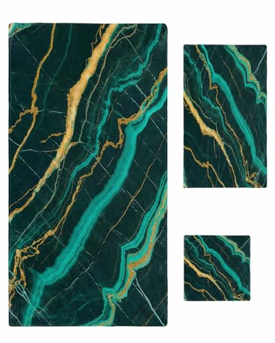 Marble Emerald Green Bathroom Towel Set,Microfiber Bath Kitchen Beach Hand Dish Towels Set,Modern Abstract Gold Art Quick Dry Luxury Soft Decorative Towels+Set Clearance Prime Bulk Accessories Decor