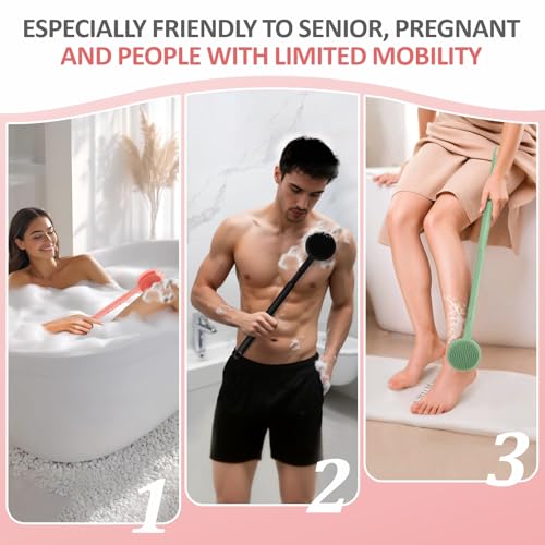 Soft Silicone Back Scrubber & Bath Glove 2PCS, 16''- 24'' Extendable Back Scrubber with Dual-Side Head, 360° Anti-Slip & Hand-fit Silicone Body Scrubber for Rich Foaming Deep Cleaning(Pink) - color: Pink*2