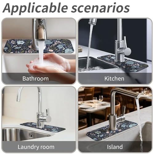 Kitchen Sink Splash Guard，Lush blue pink floral Faucet Mat Sink Gadgets-Super Absorbent Fast Drying Mat Drip Catcher for Kitchen, Bathroom,Sink Mat, Dish Drying Mat, Bathroom(15" X 5.5" )