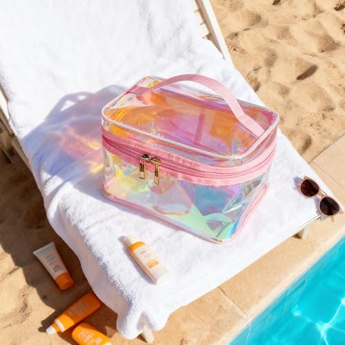Waterproof Holographic Red PVC Makeup Bag with Handle - 8.66 * 5.51 * 5.51 inch Travel Cosmetic Organizer for Women Men Toiletry Pouch (Holographic Red-L) - color: Holographic Red-L