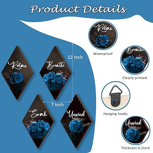 ONIZHITY Set of 4 Blue Bathroom Decor Rose Wooden Wall Decor Flower Rustic Romantic Floral Farmhouse Blue Wall Decor Modern Breathe Soak Unwind Relax Signs for Room Kitchen Bathroom (blue 12 x 7) - color: Blue Rose
