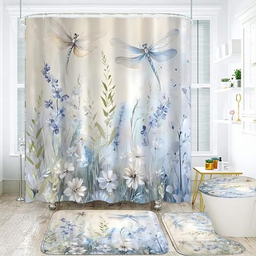DDQQ Blue Flower Dragonfly Shower Curtain Set Floral Home Bathroom Sets with Rugs, Green Leaves Bathroom Decor Shower Curtain Set with Carpet Bath Mat Toilet Rugs - color: Dusty Blue