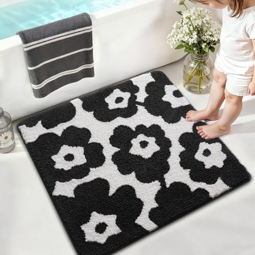 LUMI Floral Bathroom Rugs, Soft Absorbent Square Bath Mat, Non-Slip Quick Dry Luxury Rug, Flower Black White Mats for Shower Floor, Bathtub, Home Decor, Modern Aesthetic, 26"x26" - color: A-flower Black, size: 26"x26"(Square)