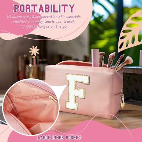 Personalized Initial Makeup Bag with Handle, Preppy Cosmetic Bag with Inner Zipper Pocket, 8 9 10 11 12 13 14 Years Old Girl, Graduation Gifts for Teen Girls Women Teachers (F, Pink) - color: Pink, style: F
